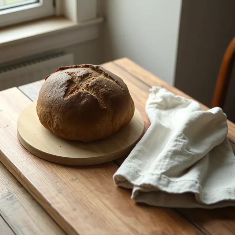 A round loaf of brown soda bread cooling on a scrubbed wooden board beside a folded linen cloth