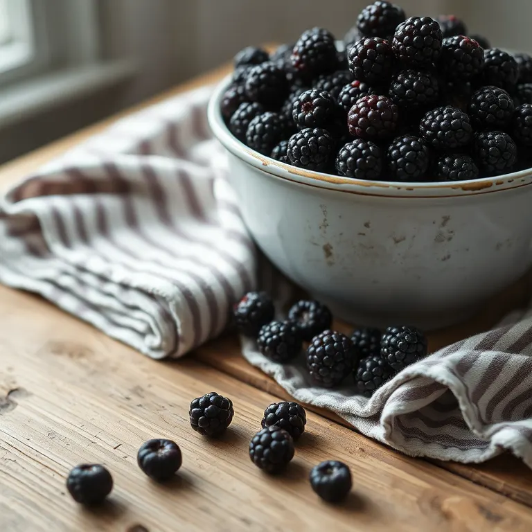A chipped enamel bowl of blackberries on the worn kitchen table beside a folded tea towel