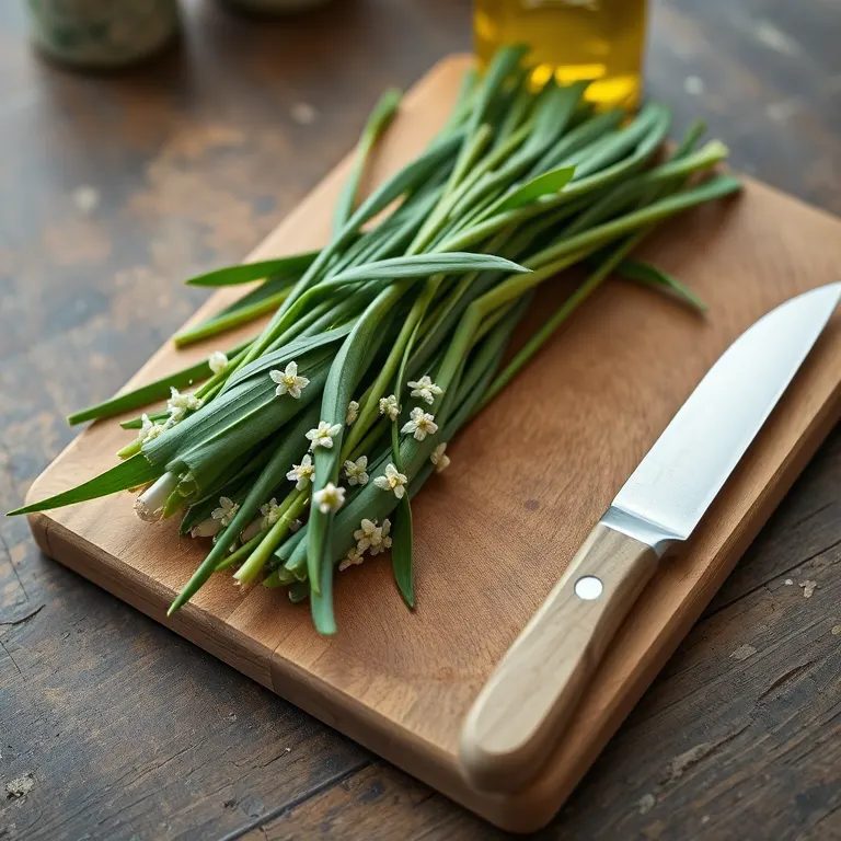 A bunch of wild garlic leaves on a wooden board with a small knife and a jar of olive oil