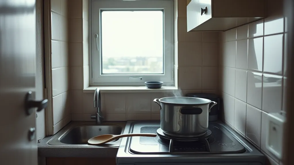 Nora's galley kitchen in Rathmines: a dented pot steaming on the two-ring hob, a wooden spoon on the counter and grey daylight through the window over the sink